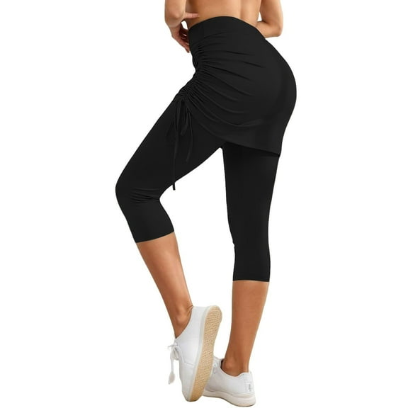 FYEGRE Preppy Style Ladies' Casual Pants Versatile Quarter Length Ruched Skirt Pant for Women Daily Casual Wear Yoga Practice Comfortable Spring Summer Black XXXL