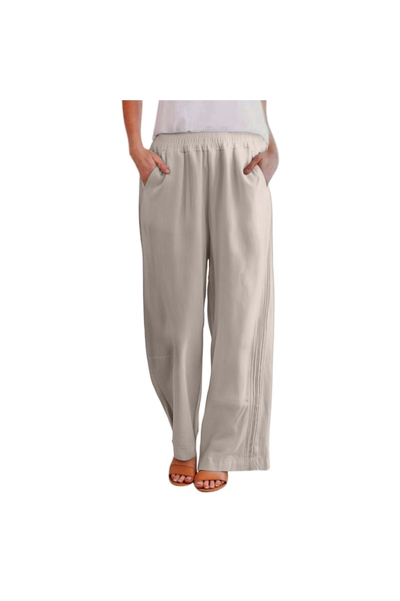 Rayon Ladies' Casual Pants Elevated Comfort High Waist Linen Wide Leg Trousers for Women Breezy Summer Lightweight Straight Khaki 2XL/4