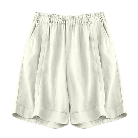 FYEGRE Rayon Ladies' Casual Pants Women's Elastic Waist Double Layered Linen Shorts Knot Front Casual White XXXL