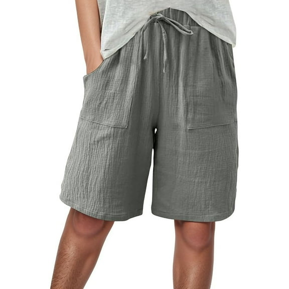 FYEGRE Retro Flared Ladies' Pants Women's Casual Knee Length Linen Wide Leg High Waisted Beach Summer Shorts Comfortable Lightweight Breezy Elastic Grey XL