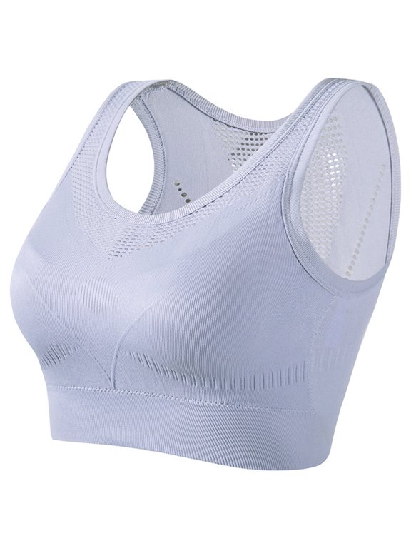 Seamless Sports Bra, Medium Support Wire-Free Workout Bra with Mesh, Soft Padded Yoga Top for Large Bust Blue S