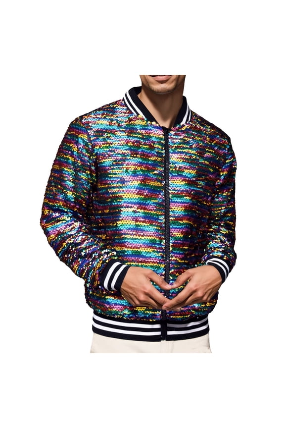 Sequins Jacket for Men's Long Sleeves Zip Up Flip-Sequin Sparkle Metallic Hoodie Jackets Grey M