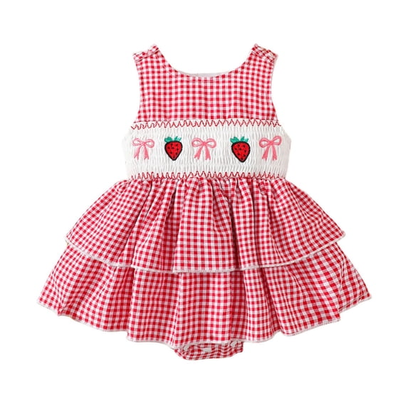 FYEGRE Sleeveless Plaid Romper Embroidered Bodysuit Dress for Girls Comfortable Soft Summer Outfit Red 12-18 Months
