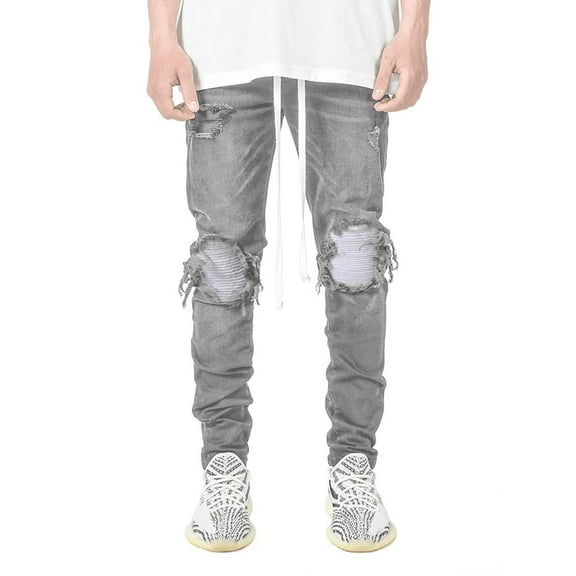 FYEGRE Slim Tapered Jeans for Men Men's Slim Fit Ripped Knee Jeans with Stretch Comfort and Classic Solid Color Design for Everyday Casual Wear Grey XXL