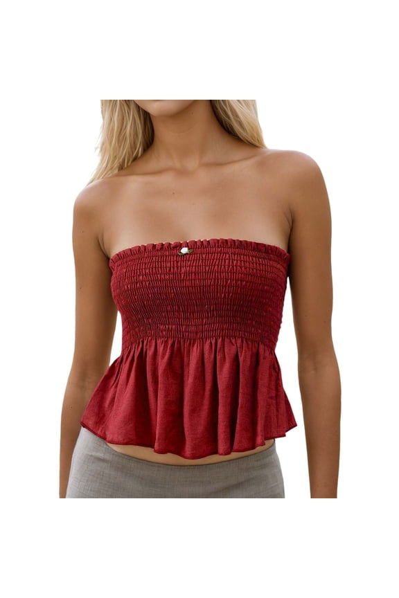 Smocked Tube Tops for Women, Ruffle Trim Strapless, Cute Peplum Summer Going Out Vacation Top Sleeveless Red M