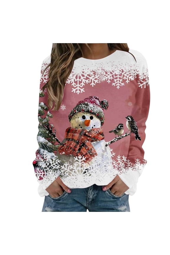 Snowman Snowflake Print Sweater Long Sleeve Crewneck Loose Fit Pullover Top Holiday Festive Wear Comfortable Soft Daily Fashion Apparel Hot Pink XL