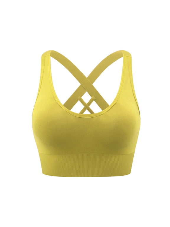 Sports Bras for Women Padded Medium Support Criss Cross Strappy Bra Seamless High Impact Yoga Exercise Athletic Bras Yellow L