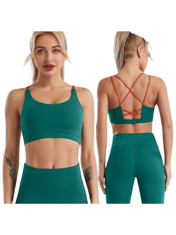 Sports Bras for Women,Strappy Crisscross Back Padded Low Impact Running Sports Bra with Removable Cups Green M