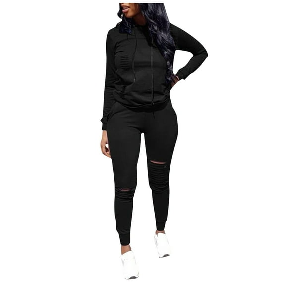 FYEGRE Spring Outdoor Women's Hooded Sweatshirt Women's Distressed Pullover Hoodie Autumn Winter Casual Fashion Sportswear Long Sleeve Ripped Sweater Comfort Fit Black XL