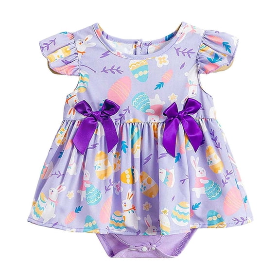 FYEGRE Spring Summer Easter Baby Girl Romper Dress Flutter Sleeve Full Print Design With Adorable Bowknots Fresh Style Outfit For Toddler Photoshoot And Purple 9-12 Months
