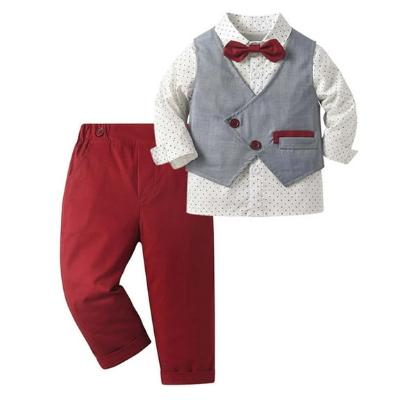 FYEGRE Stylish Boys Holiday Party Dress Outfits For Toddlers And Children Pageant Performance Formal Wear Two Piece Set Red 6-9 Months