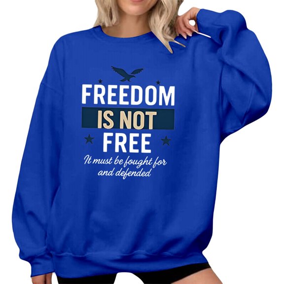 FYEGRE Stylish Letter Printed Hoodless Sweatshirt Casual Loose Fit Top For Women Autumn Winter Comfortable Soft Daily Wear Blue XXL