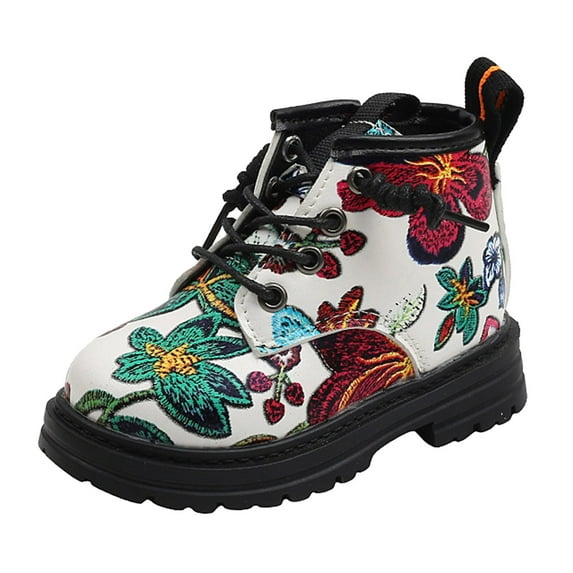 FYEGRE Stylish Seasonal Kids Footwear Durable Ankle Boots For Girls With Floral And Secure Lace Closure White 15-18 Months