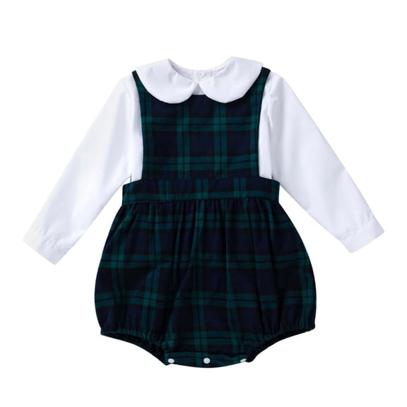 FYEGRE Stylish Two Piece Girls Outfit Long Sleeve Solid Top and Sleeveless Plaid Childrens Coordinated Suit Set Dark Green 12-24 Months