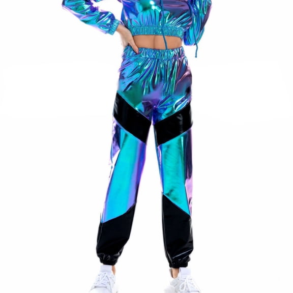 FYEGRE Stylish Women's Casual Trousers with Metallic and Comfortable Loose Fit for Everyday Wear Blue L