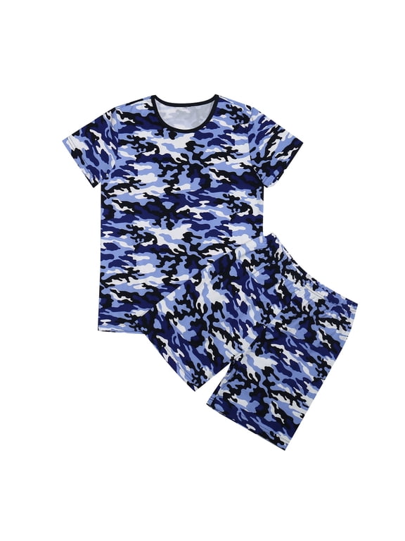 Summer Boys Girls Graphic Print T-Shirt and Shorts Casual Play Outfit Set Summer Camo Outfit for Outdoor Play, Adventure and Everyday Comfort Blue 11-12 Years