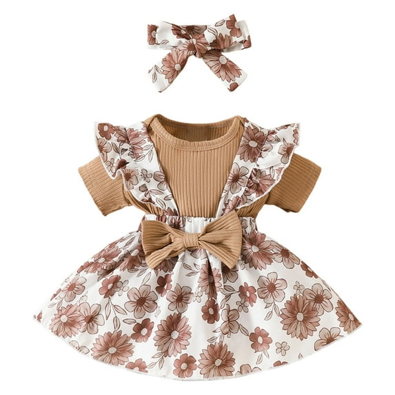 FYEGRE Summer Girls Floral Lace Edged Dress Play Set with Frilled Romper Headscarf Outfit for Baby Toddler Casual Wear Coffee 6-12 Months