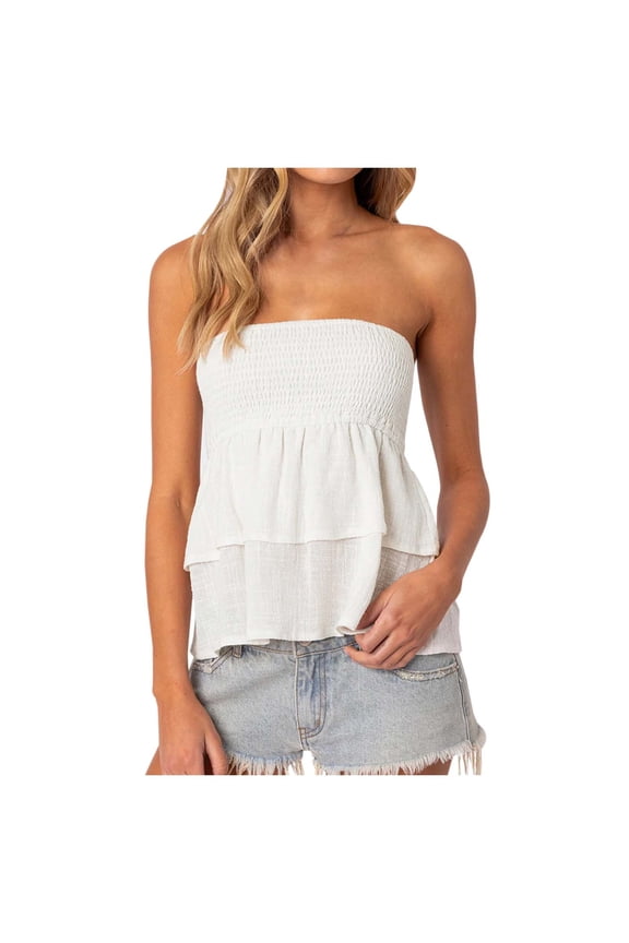 Summer Off Shoulder Tube Top Double Layer Pulling Design Chest Wrap Women's Fashion Clothing White L
