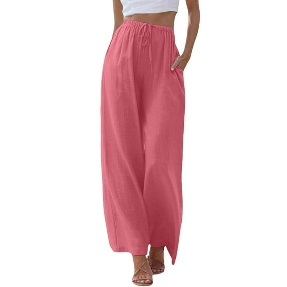 FYEGRE Tapered Leg Ladies' Pants Women's Linen Blend Palazzo Trousers Flowy Wide Leg Beachwear Comfortable Lightweight Summer Casual Wear with Hot Pink XXL