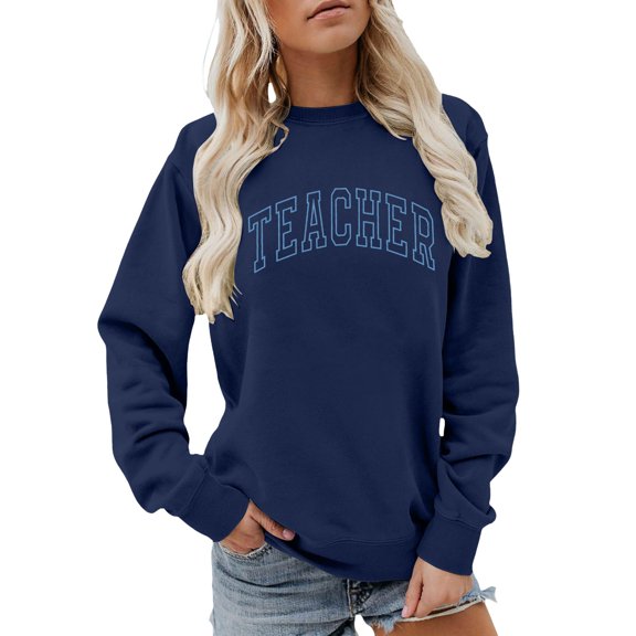 FYEGRE Teacher Sweatshirts for Women Cute Teacher Life Graphic Shirt Inspirational Long Sleeve Crewneck Loose Pullover Tops Dark Blue XXL