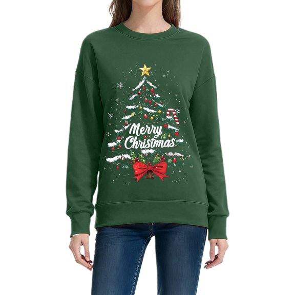 FYEGRE Themed Crewneck Long Sleeve Drop Shoulder Pullover Casual Loose Fit Printed Graphic Holiday Season Festive Comfort Soft Daily Wear Women's Hoodless Sweatshirt Dark Green XXL