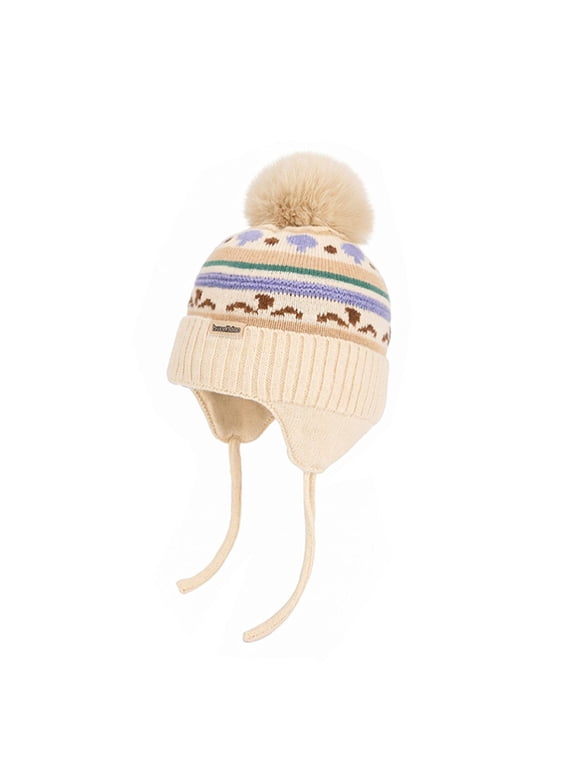 Toddler Winter Knit Hat with Ear Flaps, Fleece Lined Beanie for Boys Girls Faux Pom‑Pom Trapper Hat Cozy Outdoor Headwear Beige One Size
