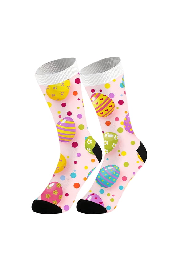 Unisex Easter Holiday Crew Socks, Cute Bunny & Egg Print Mid-Calf Socks, Soft Breathable Stretchy Socks for Easter Party, Spring Outings & Daily Wear Pink One Size