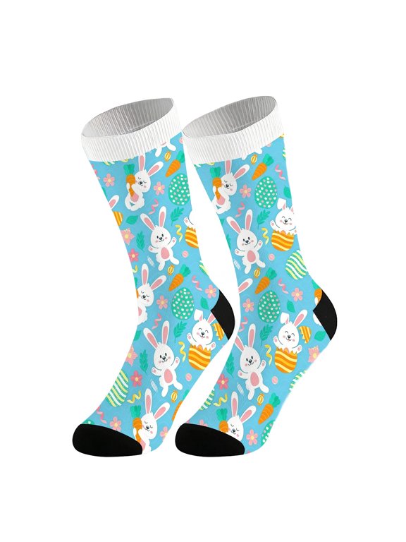 Unisex Easter Themed Crew Socks, Cute Bunny Egg & Carrot Print Mid-Calf Socks, Soft Breathable Stretchy Casual Socks for Easter Party & Daily Wear Sky Blue One Size