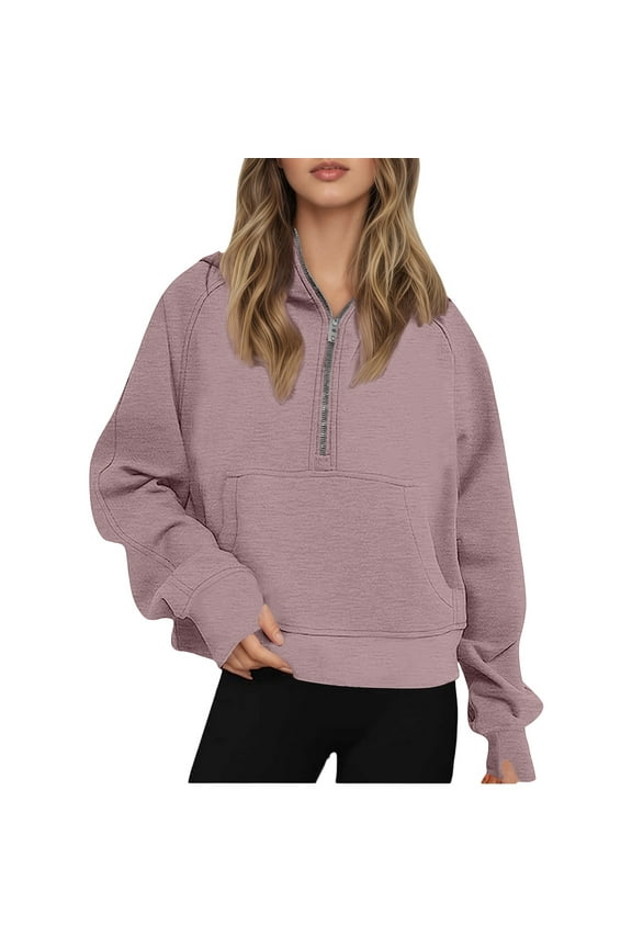 Weekend Brunch Women's Hoodie Women's Half Zip Pullover Hooded Quarter Sweatshirt Soft Warm Long Sleeve Loose Fit Casual Outdoor Winter Wear With Convenient Poc Pink L