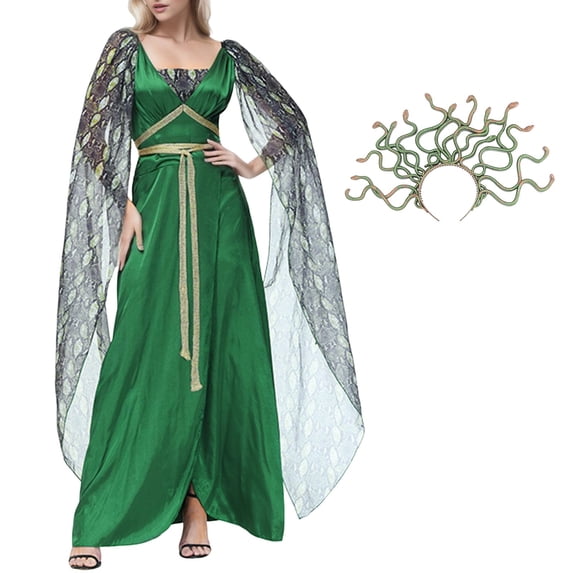 FYEGRE Woman Halloween Dark Green Printed Slit Dress for Themed Parties and Events Green M