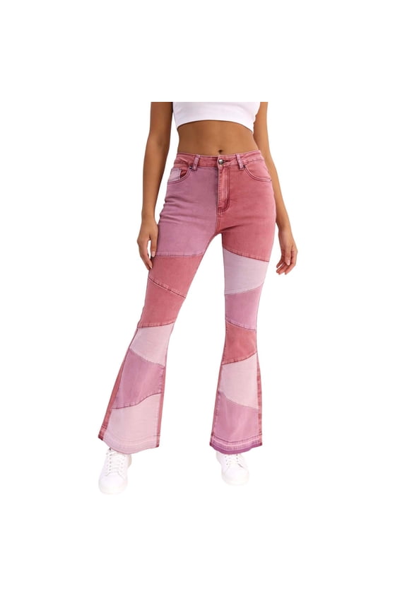 Women Frayed Patch Jeans High Waist Raw Hem Denim Y2k Pants Boyfriend Red S