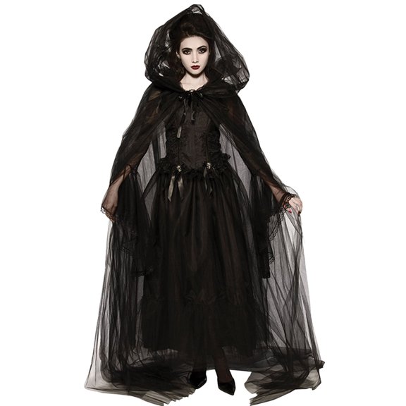 FYEGRE Women Retro Halloween Long Sleeve Dress Up Witch Dress Mesh Gloves Three Piece Set for Events and Themed Parties Black XXL