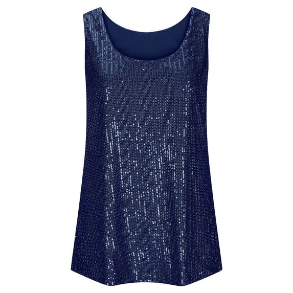 FYEGRE Women Sleeveless Sparkle Shimmer Cami Tank Tops Sparkly Festival Sleeveless Camisole Loose Round Neck Layering Top For Women Casual Daily Wear Navy XL