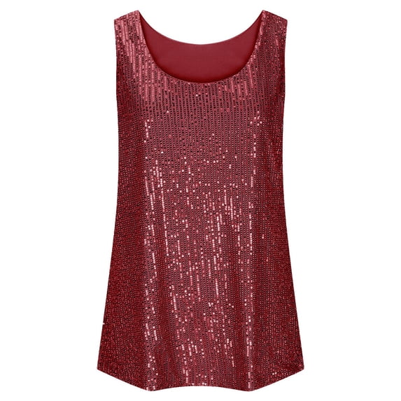 FYEGRE Women Sleeveless Sparkle Shimmer Cami Tank Tops Sparkly Festival Sleeveless Camisole Loose Round Neck Layering Top For Women Casual Daily Wear Red XXL
