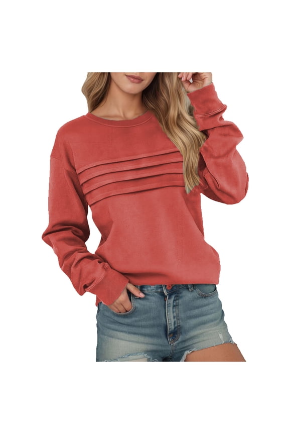 Women Tops Long Sleeve Blouses Dressy Casual Crewneck Pleated Tunic Shirts 2025 Loose Fashion Clothes Orange XL