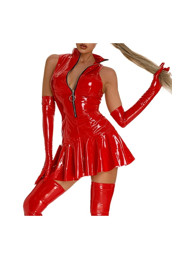 Women Wetlook Patent Leather Dress Tank Latex Shiny Club Dress Outfit Clubwear Red L