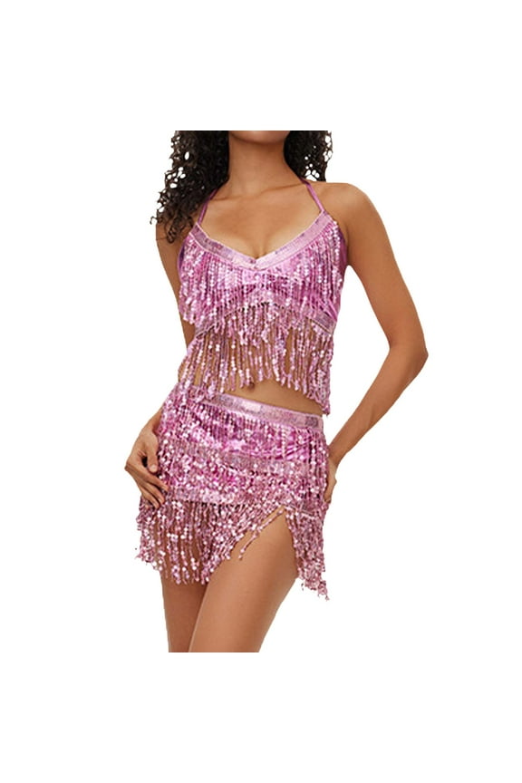 Women's Belly Dance Bra Top with Chest & Scarf with Fringe Women's Belly Dance Bra Top with Elegant Chest Fringe for Performances and Practice Pink One Size