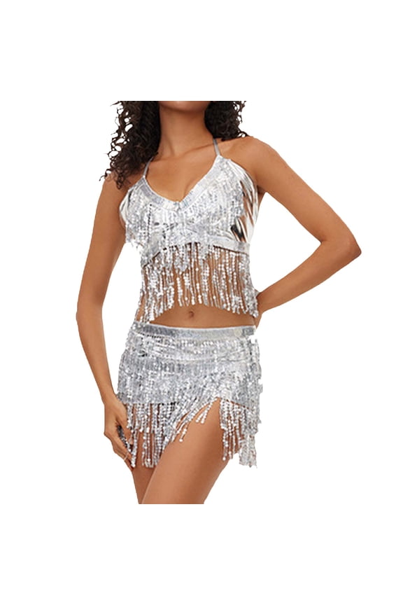 Women's Belly Dance Bra Top with Chest & Scarf with Fringe Silver One Size