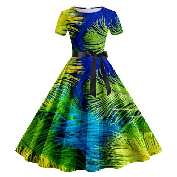 FYEGRE Women's Carnival Dress 1950s Floral Print Dress for Women Elegant Short Sleeve Party Gown Green S