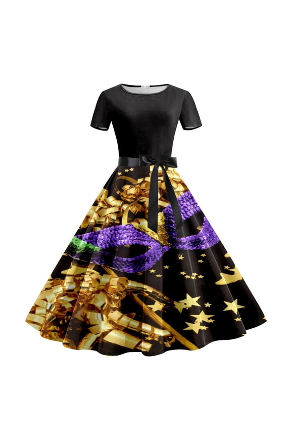 Women's Carnival Dress 1950s Floral Print Party Dress for Women Elegant Short Sleeve Swing Prom Gown Gold L