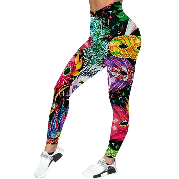 FYEGRE Women's Carnival Feather Print Casual Yoga Pants Fashionable Athletic Leggings for Sports and Daily Wear Yellow L