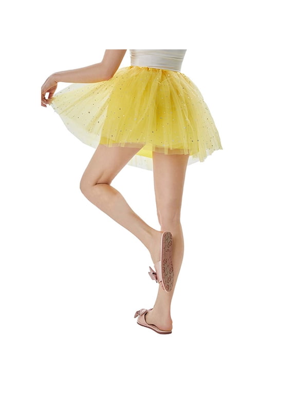 Women's Carnival Festival Sparkly A Line Party Tutu Skirt with Inner Layer and Puffy Overlay Half Skirt Yellow One Size