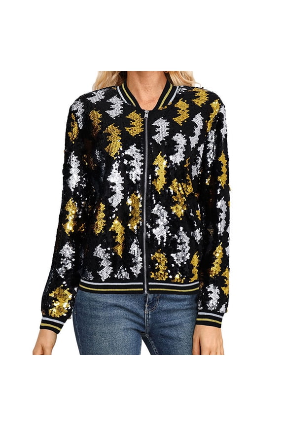 Women's Carnival Jackets Ladies Carnival Fashion Bead Shining Glitter Baseball Jacket Short Casual Coat for Women Black XXL