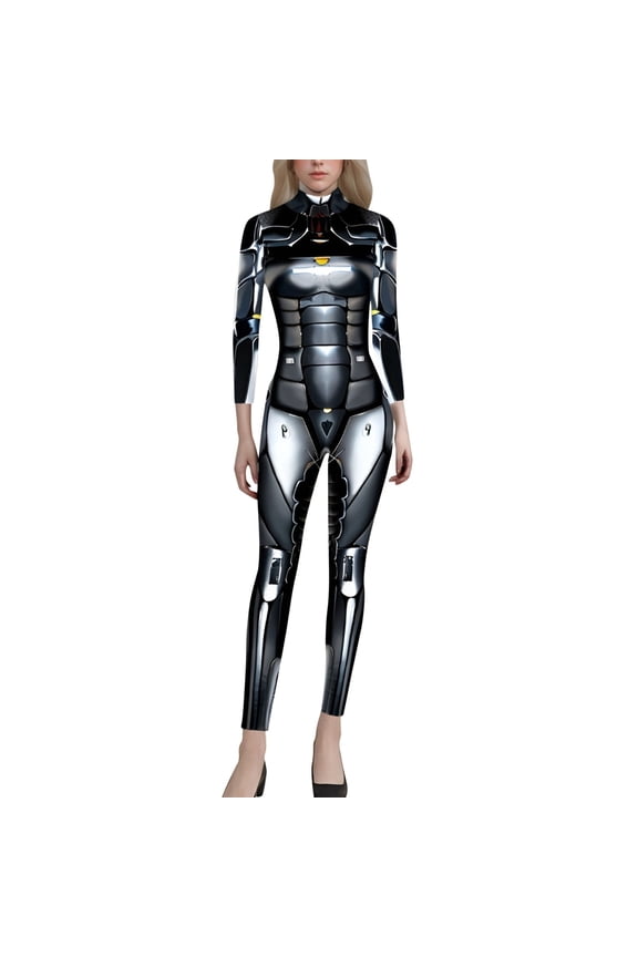 Women's Carnival Jumpsuit Women's Futuristic Skeleton Robot 3D Print Full Bodysuit Halloween with Back Zipper Black XXXL