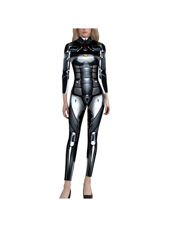 Women's Carnival Jumpsuit Women's Futuristic Skeleton Robot 3D Print Full Bodysuit Halloween with Back Zipper Black XXXXL