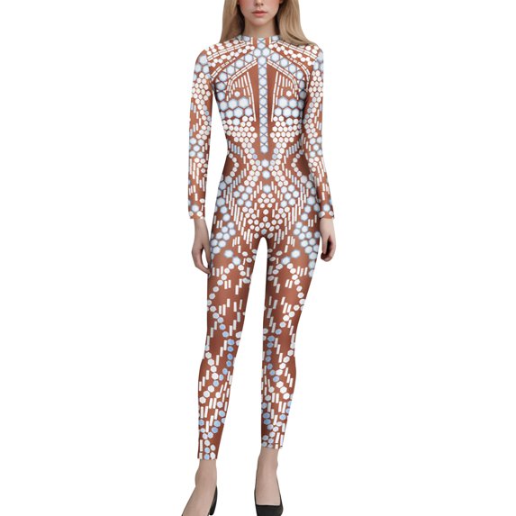 FYEGRE Women's Carnival Jumpsuit Women's Futuristic Skeleton Robot 3D Print Full Bodysuit Halloween with Back Zipper Design Khaki S
