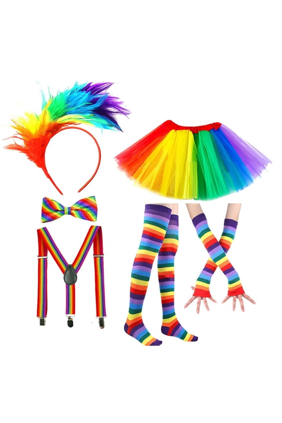 Women's Carnival Party Set with Rainbow Feather Headband and Back Tie Gloves Tutu Skirt Outfit Multicolour One Size