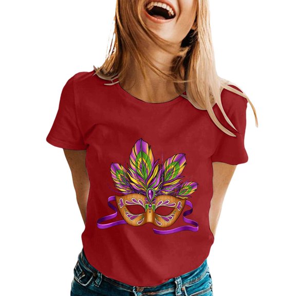 FYEGRE Women's Carnival Top Women's Graphic Print Short Sleeve Crew Neck T-Shirt for Casual Festival and Everyday Comfortable Wear Red L