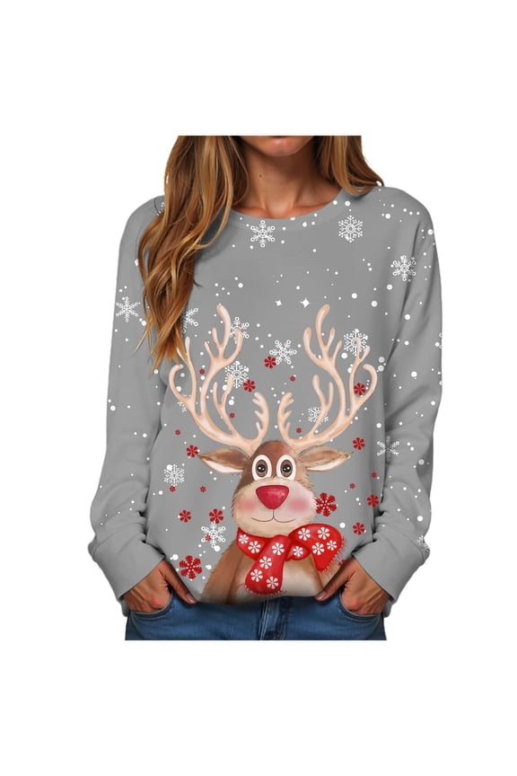 Women's Christmas Jumper Autumn Winter Casual Christmas Reindeer Snowman Bells Printed Cute Long Sleeve Round Neck Jumper Comfortable Girl Grey L