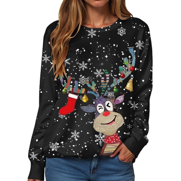 FYEGRE Women's Christmas Jumper Christmas Sweaters Bright Round Neck Chic and Elegant Comfortable Long Sleeve Black S